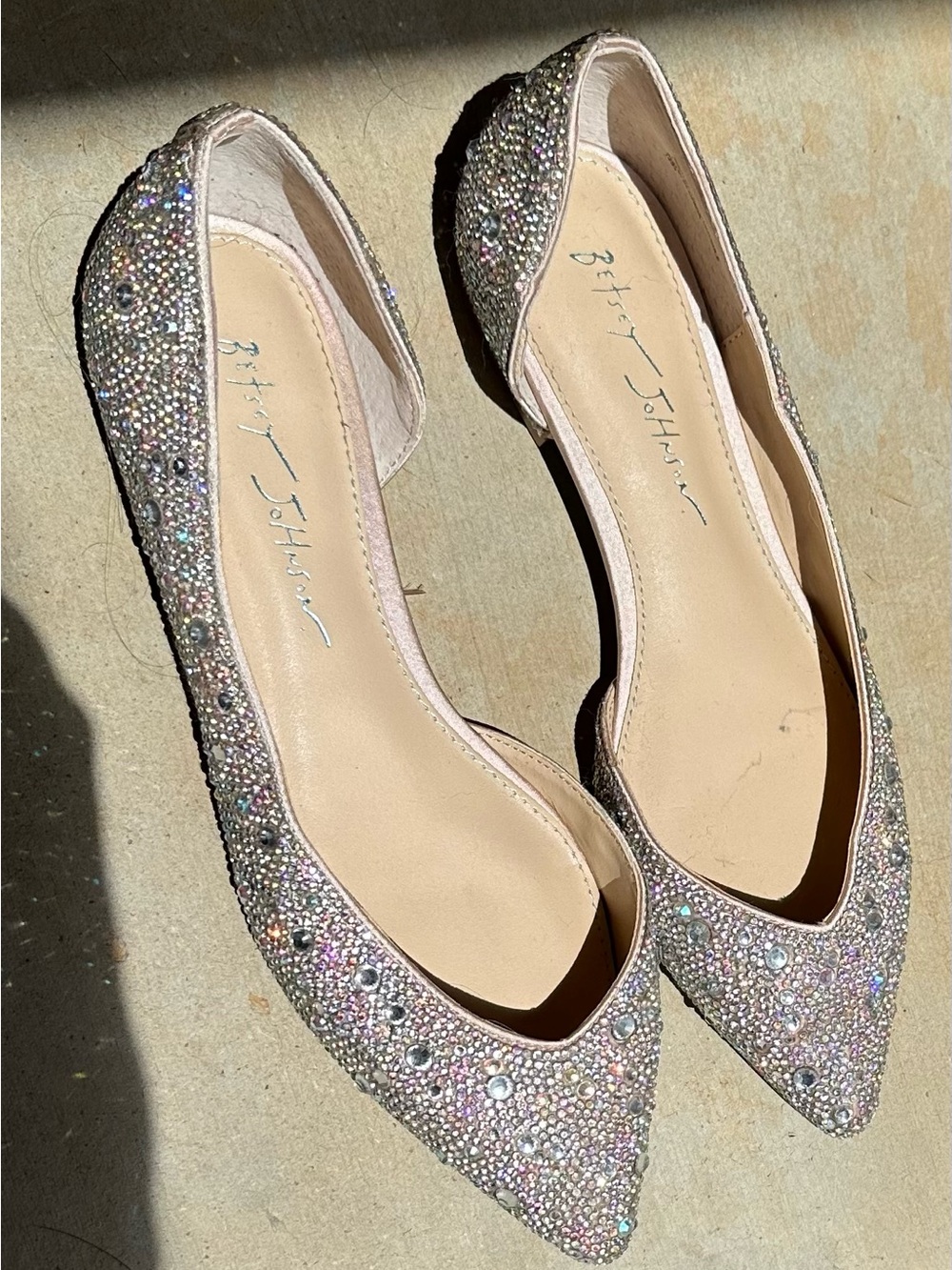 Betsey Johnson Champagne Crystal Embellished Pointed Toe Flats